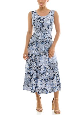 Nina Leonard Women's PRINTED SYLVIA MIDI DRESS WITH SELF SASH