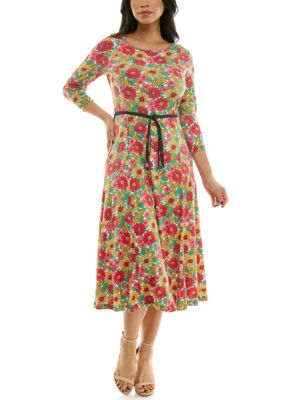 Nina Leonard Women's Printed sylvia midi belted dress