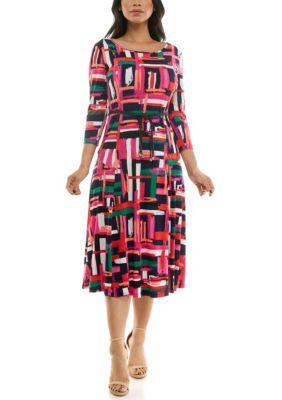 Nina Leonard Women's Printed sylvia midi belted dress