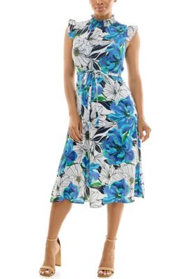 Nina Leonard Women's Smocked Neck Flutter Sleeve Dress
