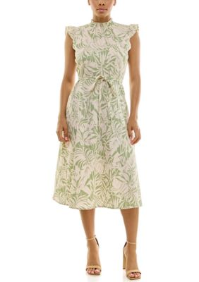 Nina Leonard Women's Smocked neck flutter midi dress