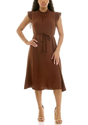Nina Leonard Women's Smocked Neck Flutter Sleeve Dress