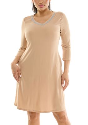 Nina Leonard Women's V neck trapeze neck trim dress