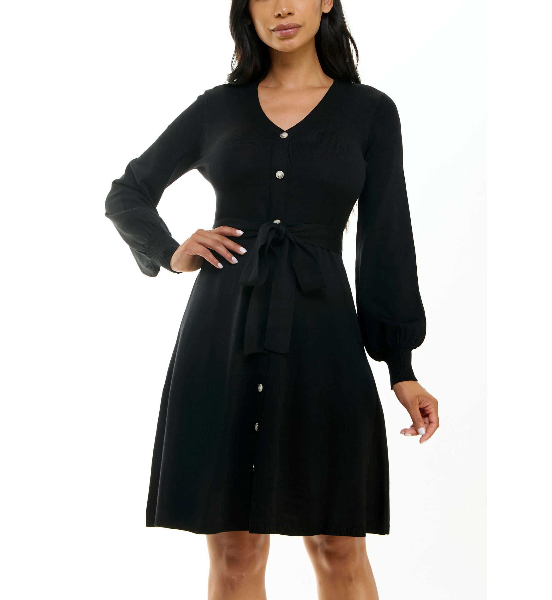 Balloon Sleeve Sash Sweater Dress