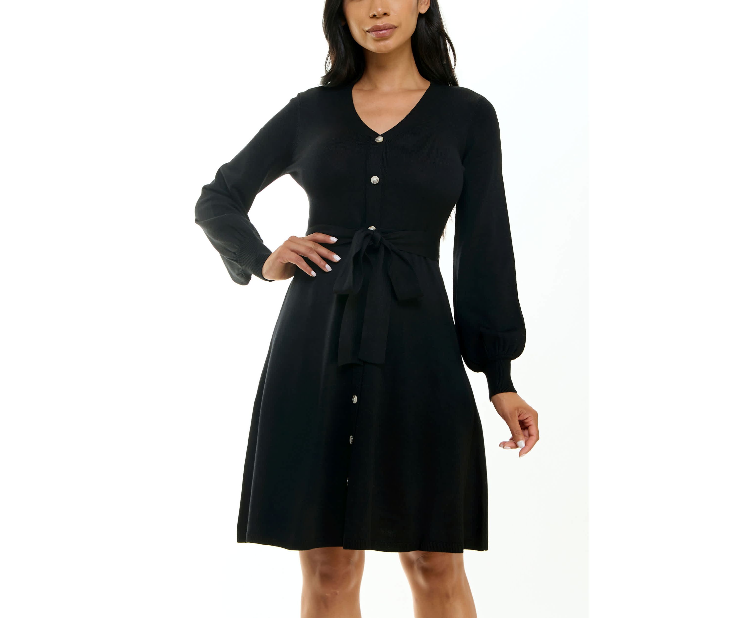 Balloon Sleeve Sash Sweater Dress