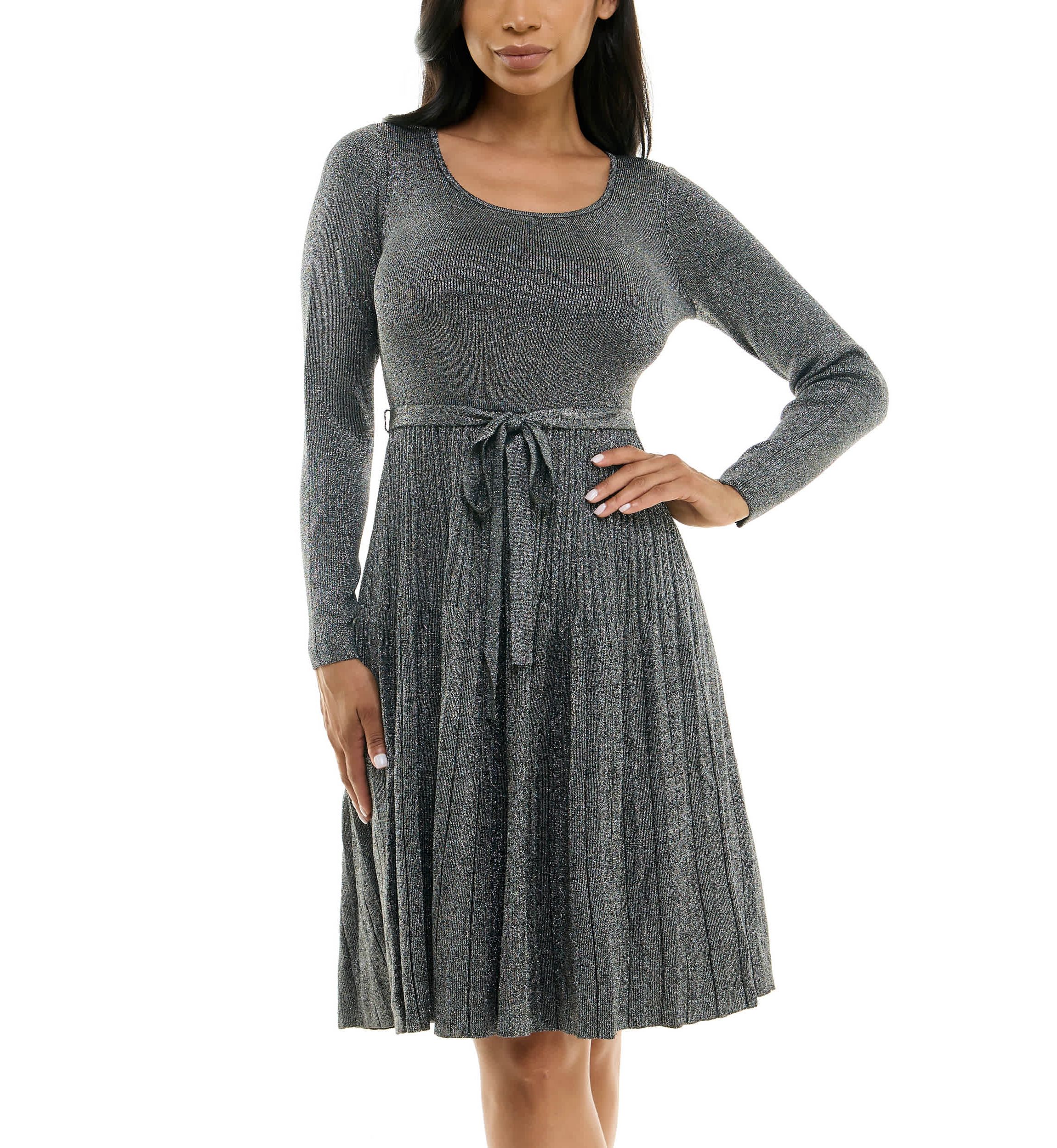 Pleated Fit And Flare Sweater Dress