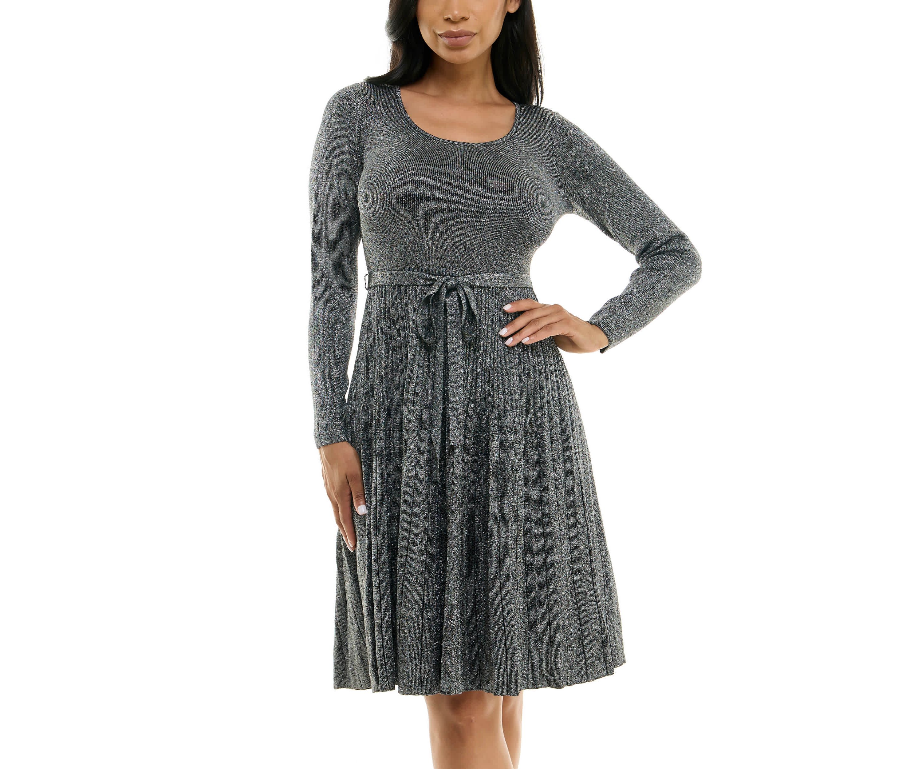 Pleated Fit And Flare Sweater Dress