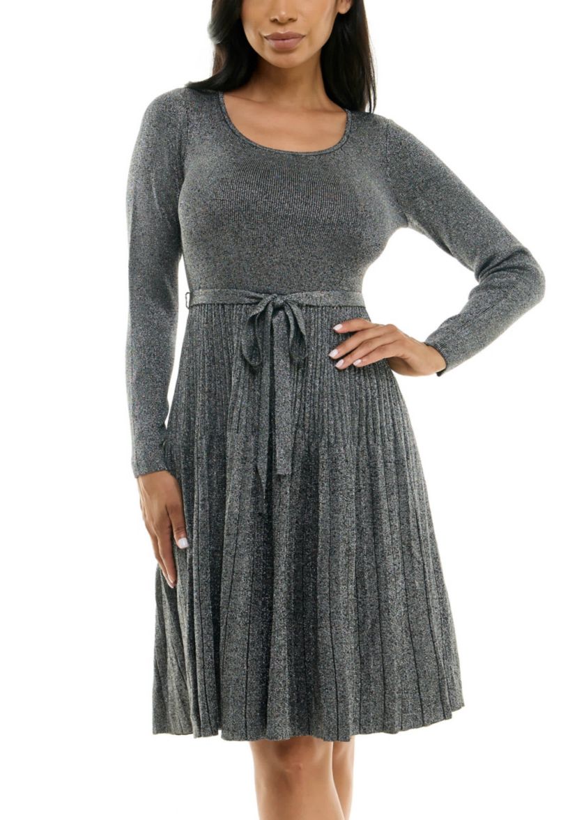 Pleated Fit And Flare Sweater Dress