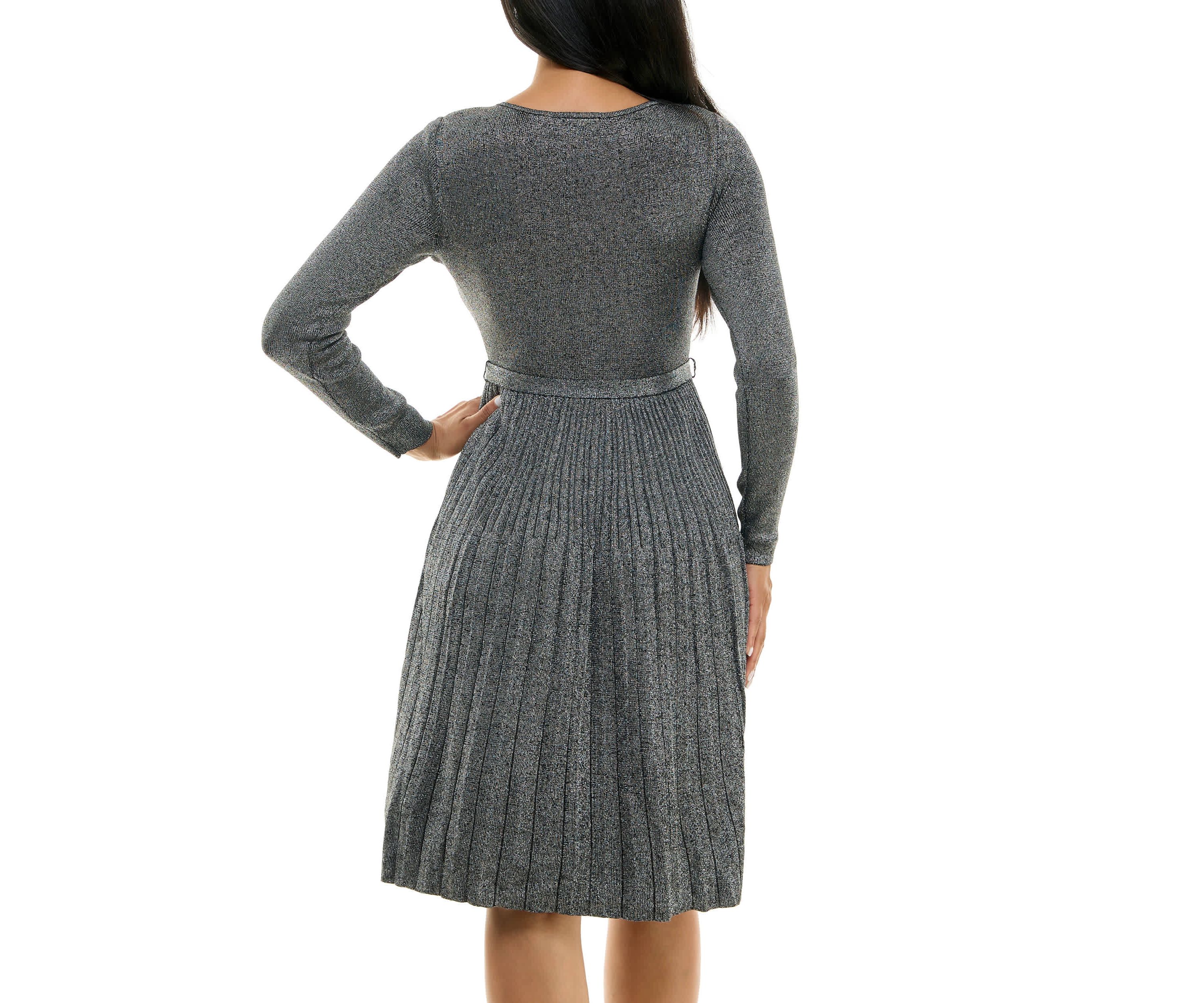 Pleated Fit And Flare Sweater Dress