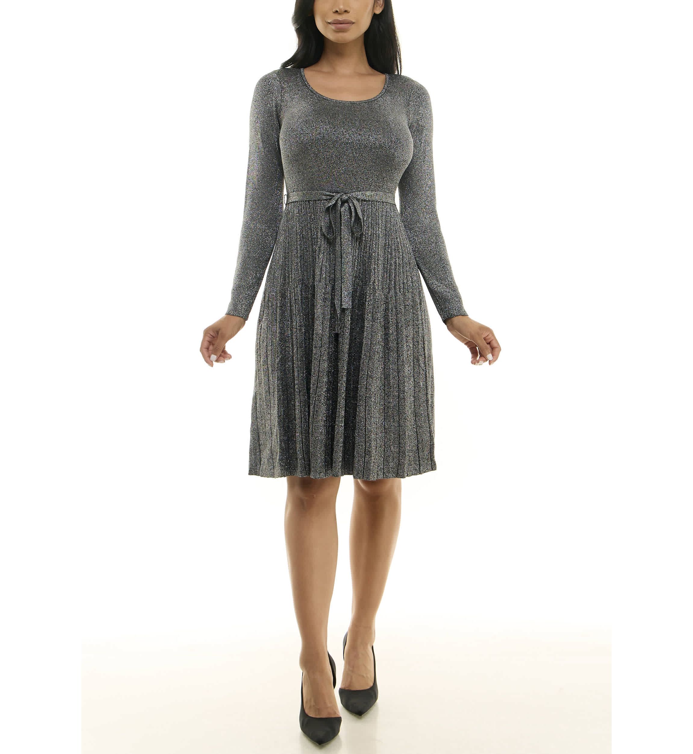 Pleated Fit And Flare Sweater Dress