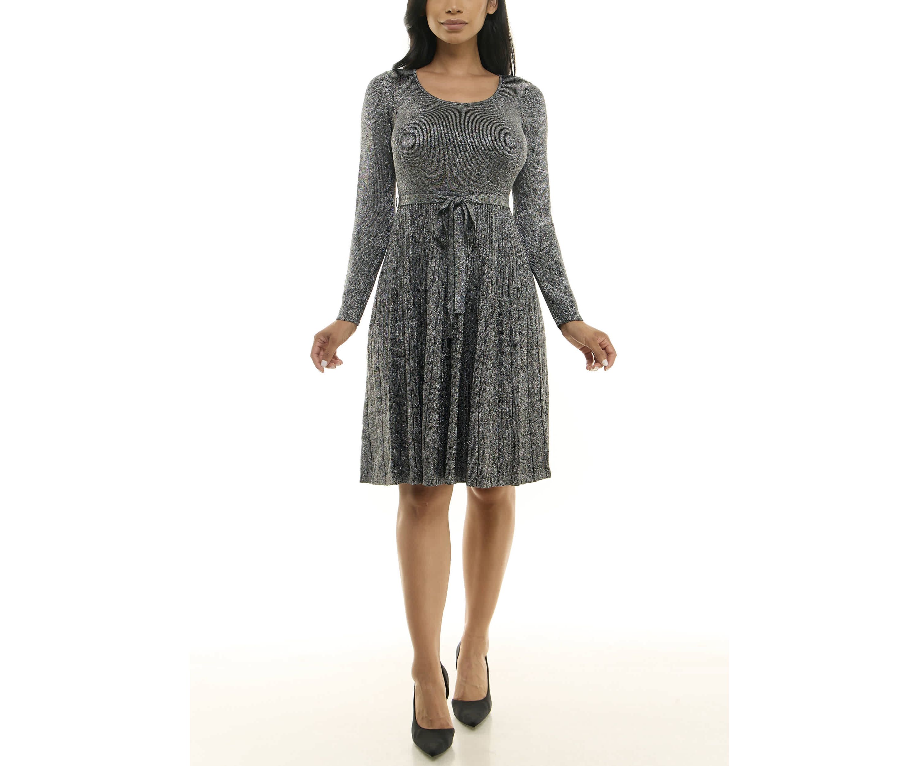 Pleated Fit And Flare Sweater Dress