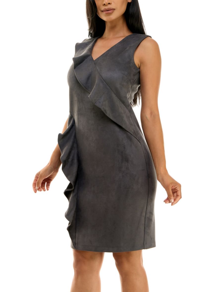 Suede Ruffle Sheath Dress
