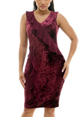 Nina Leonard Women's Crushed Velvet Ruffle Dress