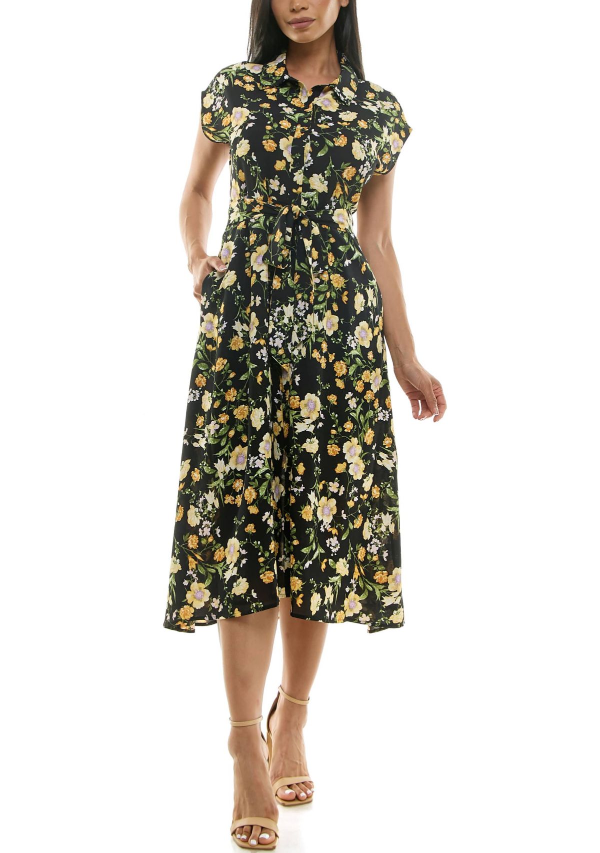 Cap sleeve button front pocket dress