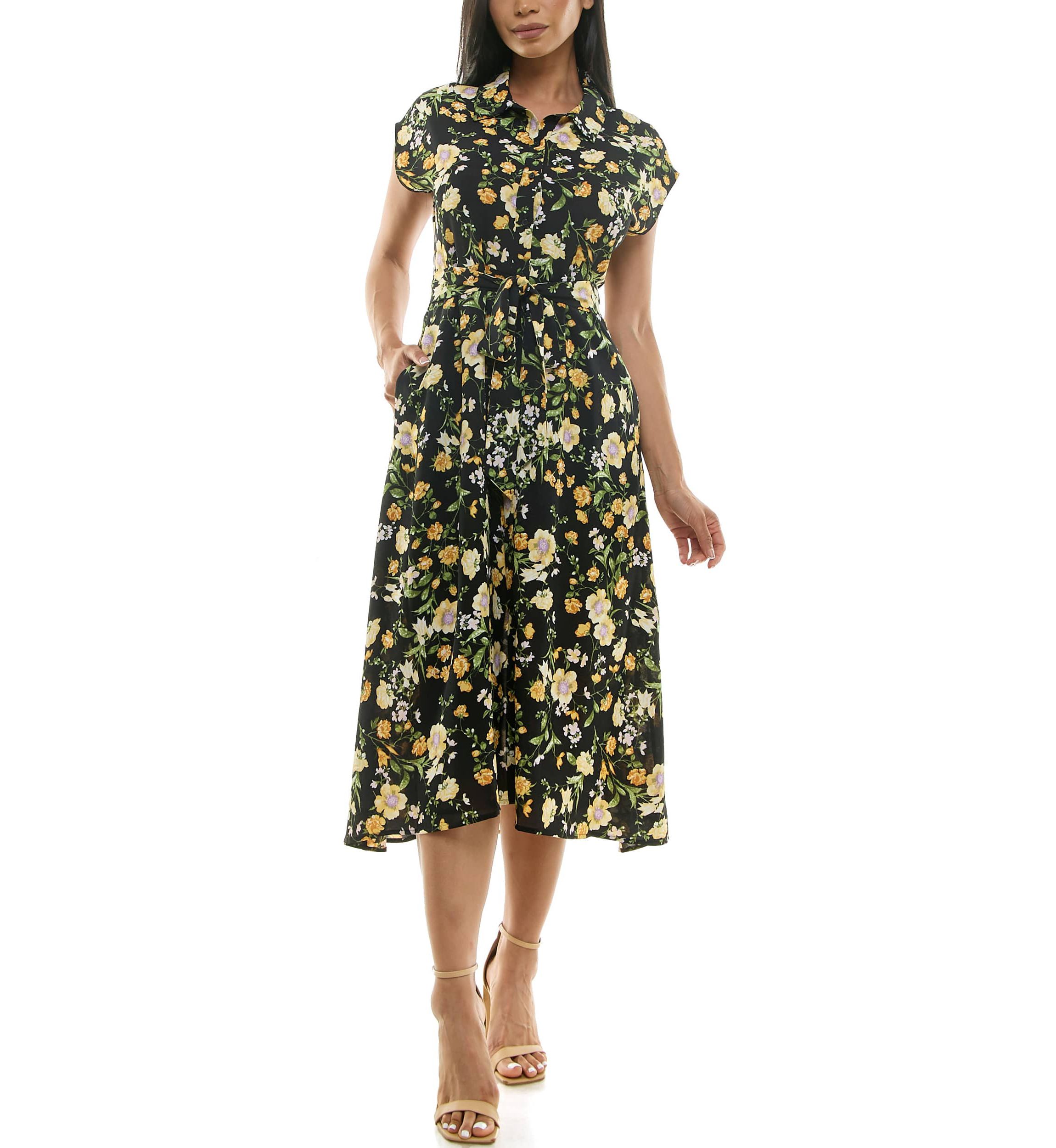 Cap sleeve button front pocket dress