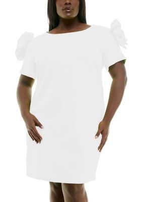 Nina Leonard Women's Crepe sheath dress with floral applique, White, 2X