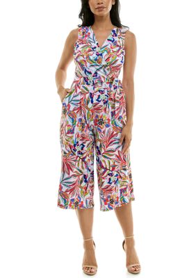 Nina Leonard Women's Sleeveless Wrap Culotte Jumpsuit Allover Print
