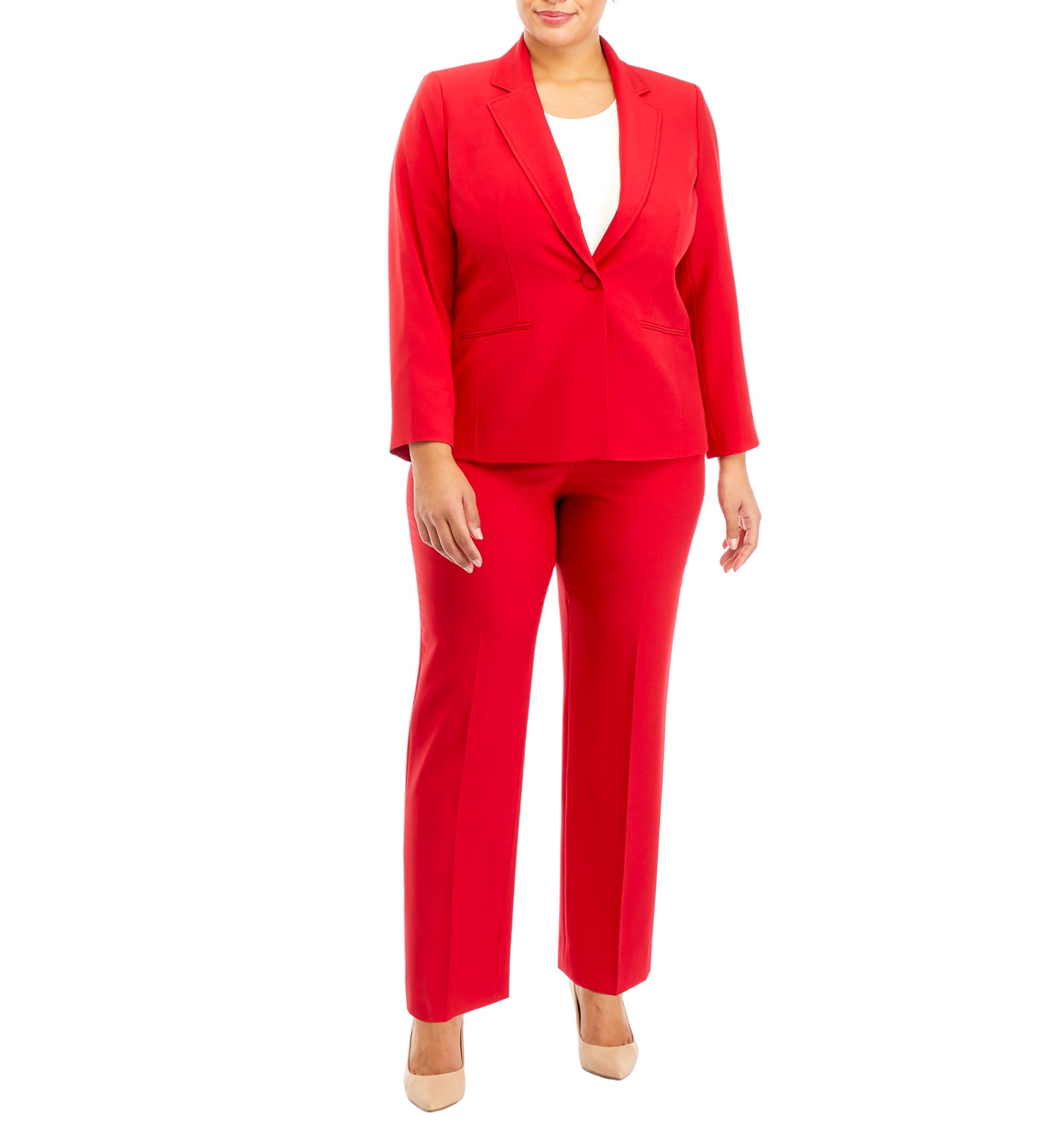 Womens Plus Size One Button Jacket With Long Sleeves and Slim Pant Set