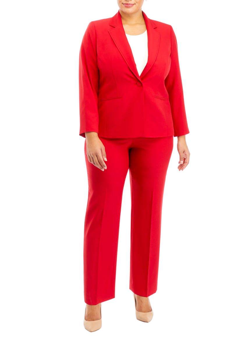 Womens Plus Size One Button Jacket With Long Sleeves and Slim Pant Set