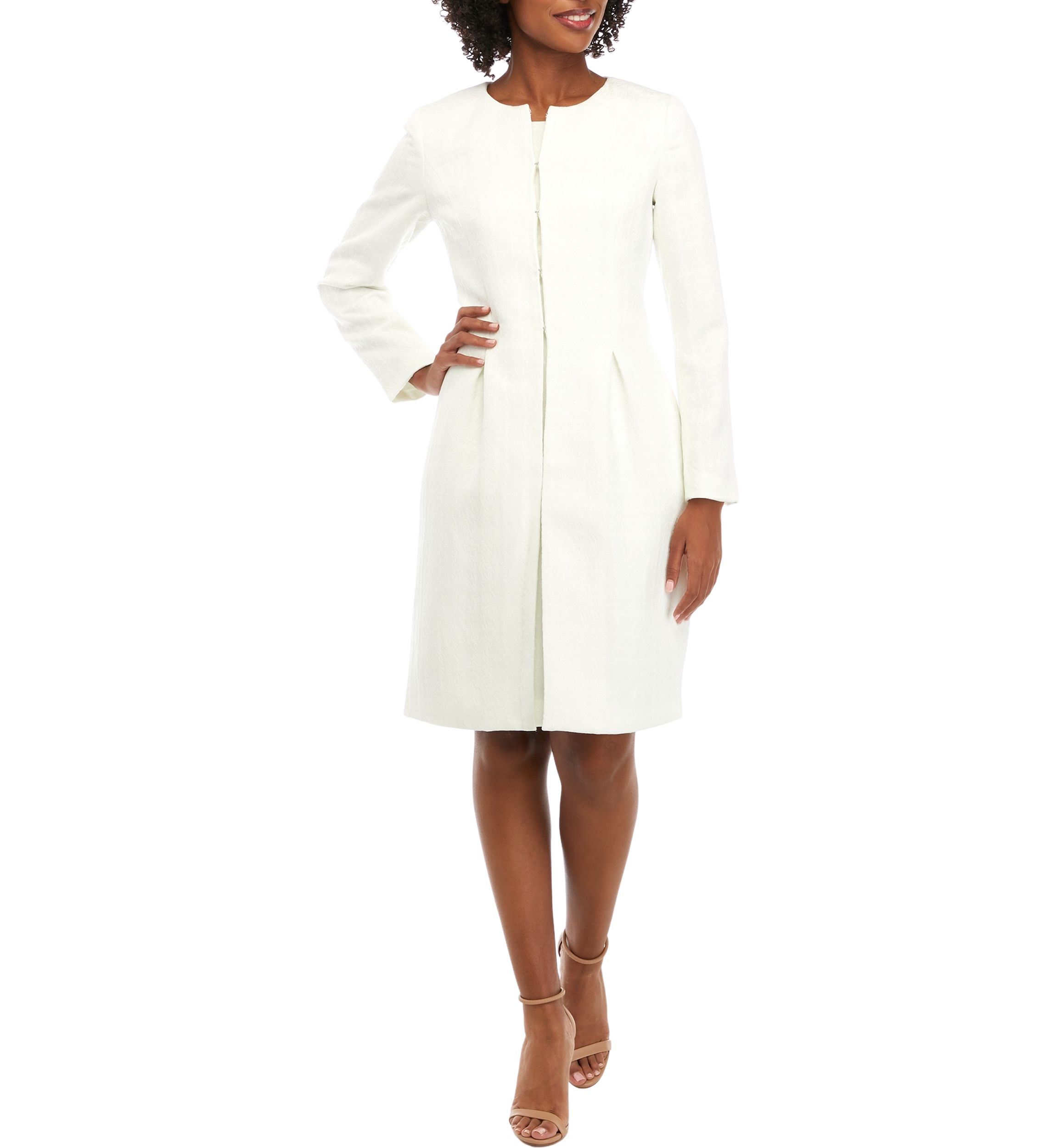 TEXTURED JACQUARD LONG JEWEL NECK JACKET AND SHEATH DRESS