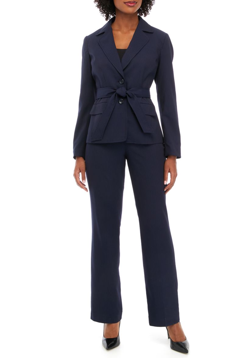 TONAL STRIPE BELTED JACKET AND SIDE ZIP PANT