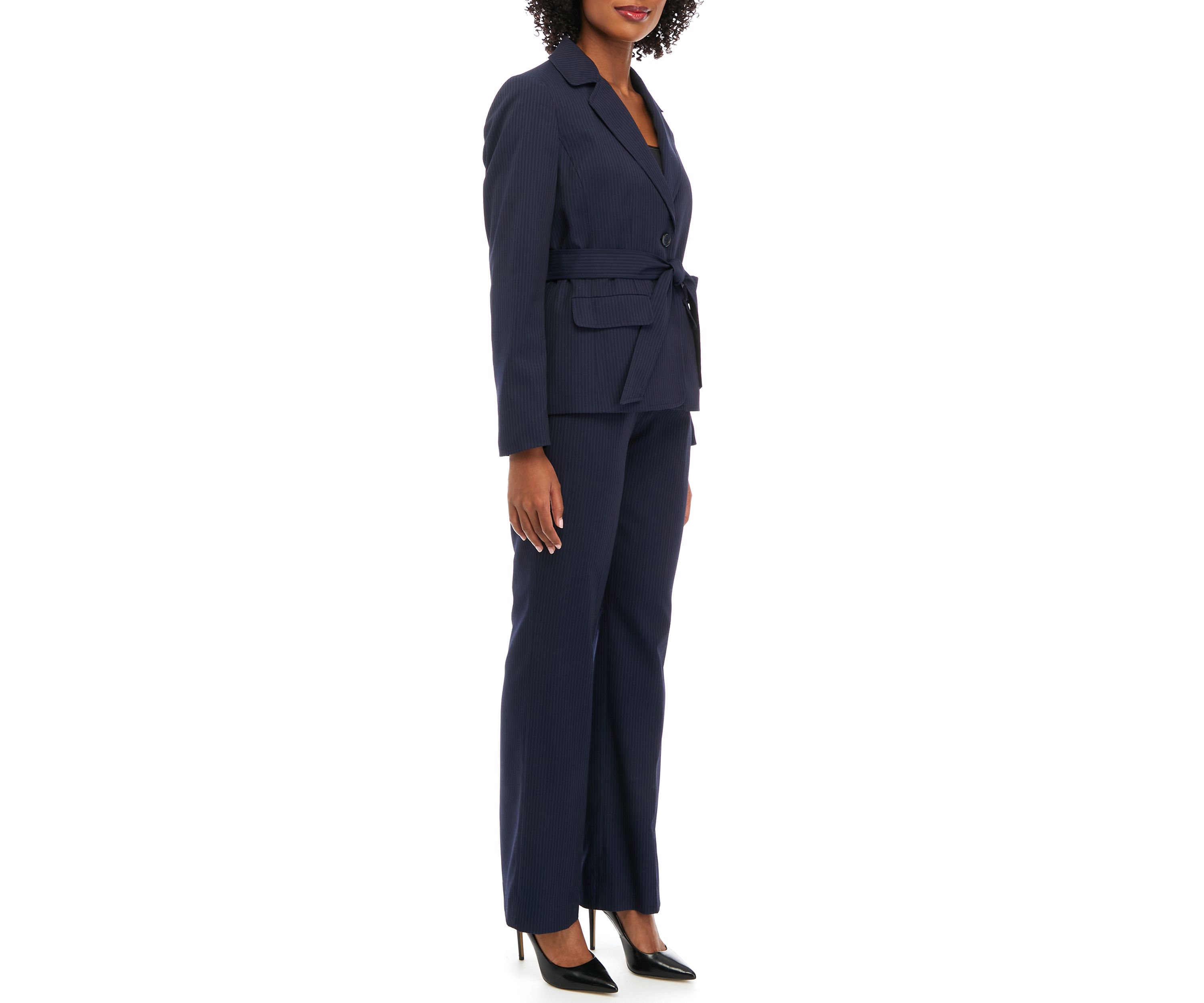 TONAL STRIPE BELTED JACKET AND SIDE ZIP PANT