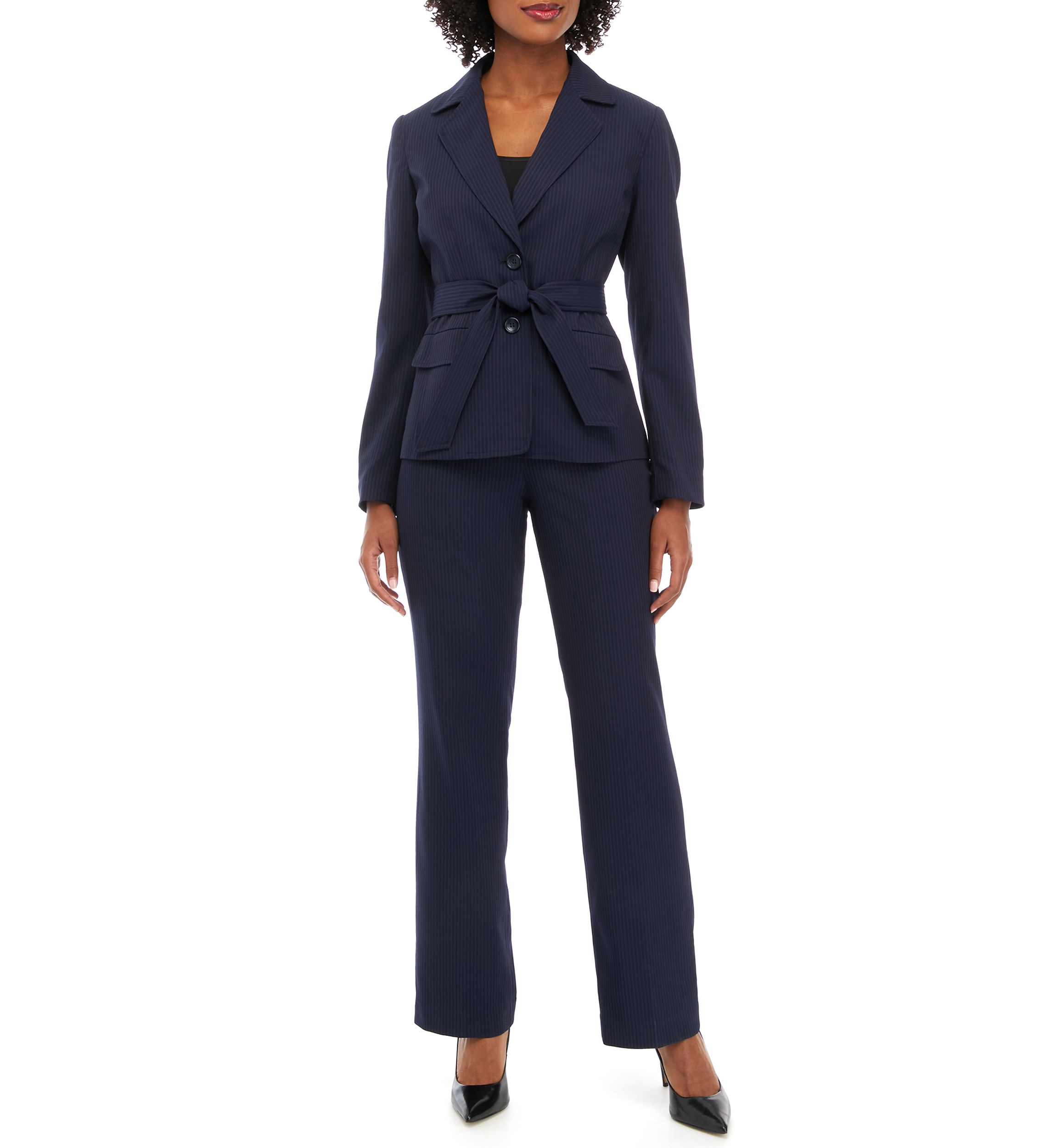 Womens Petite Tonal Stripe Belted Jacket and Side Zip Pant Set
