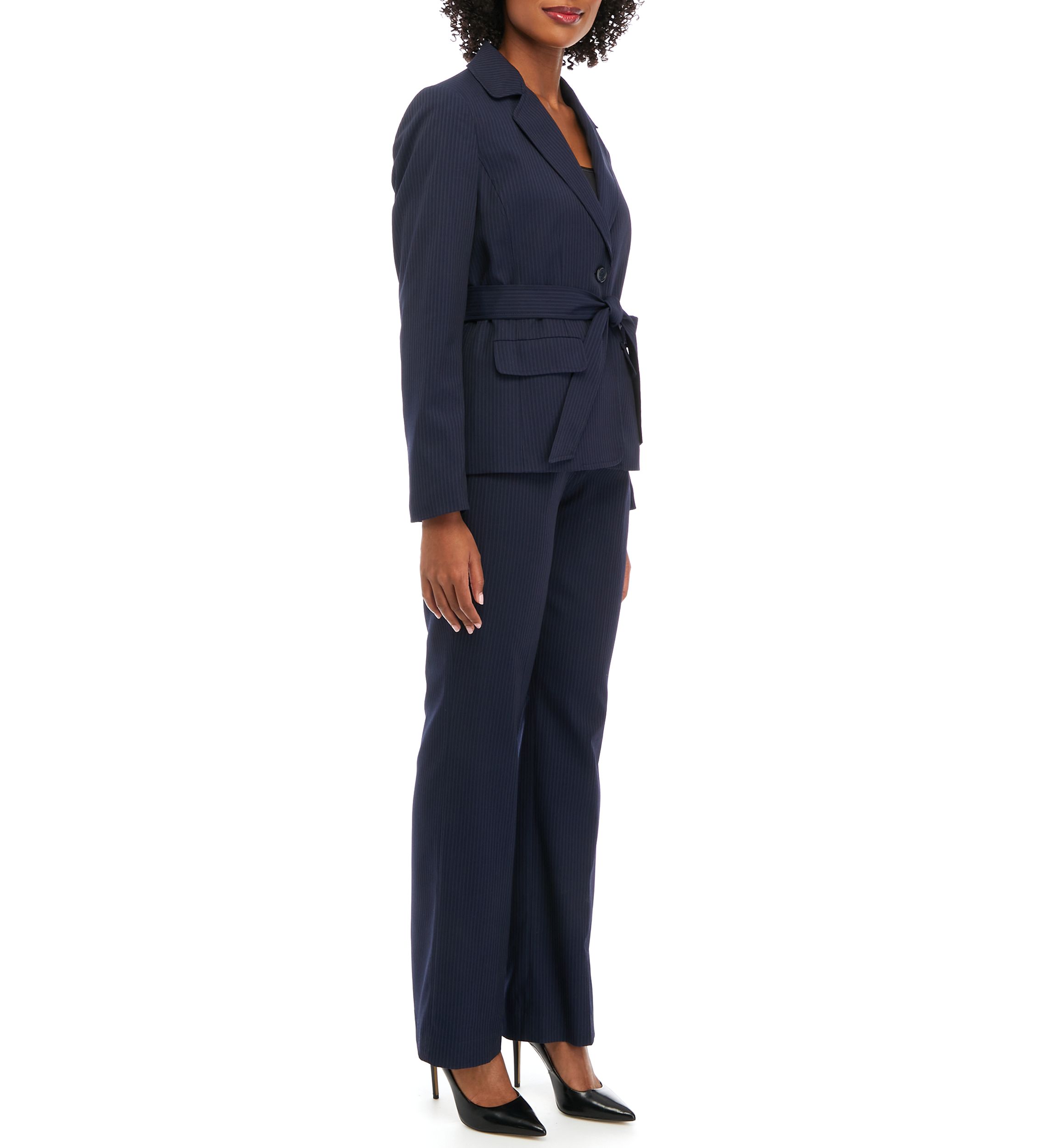 Womens Petite Tonal Stripe Belted Jacket and Side Zip Pant Set