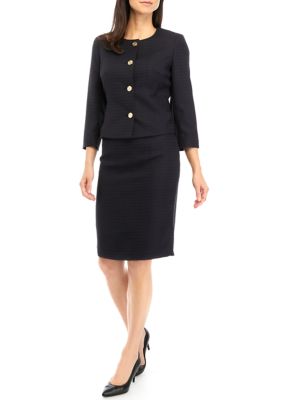 Le Suit Women's Tweed Collarless Jacket and Slim Skirt Set