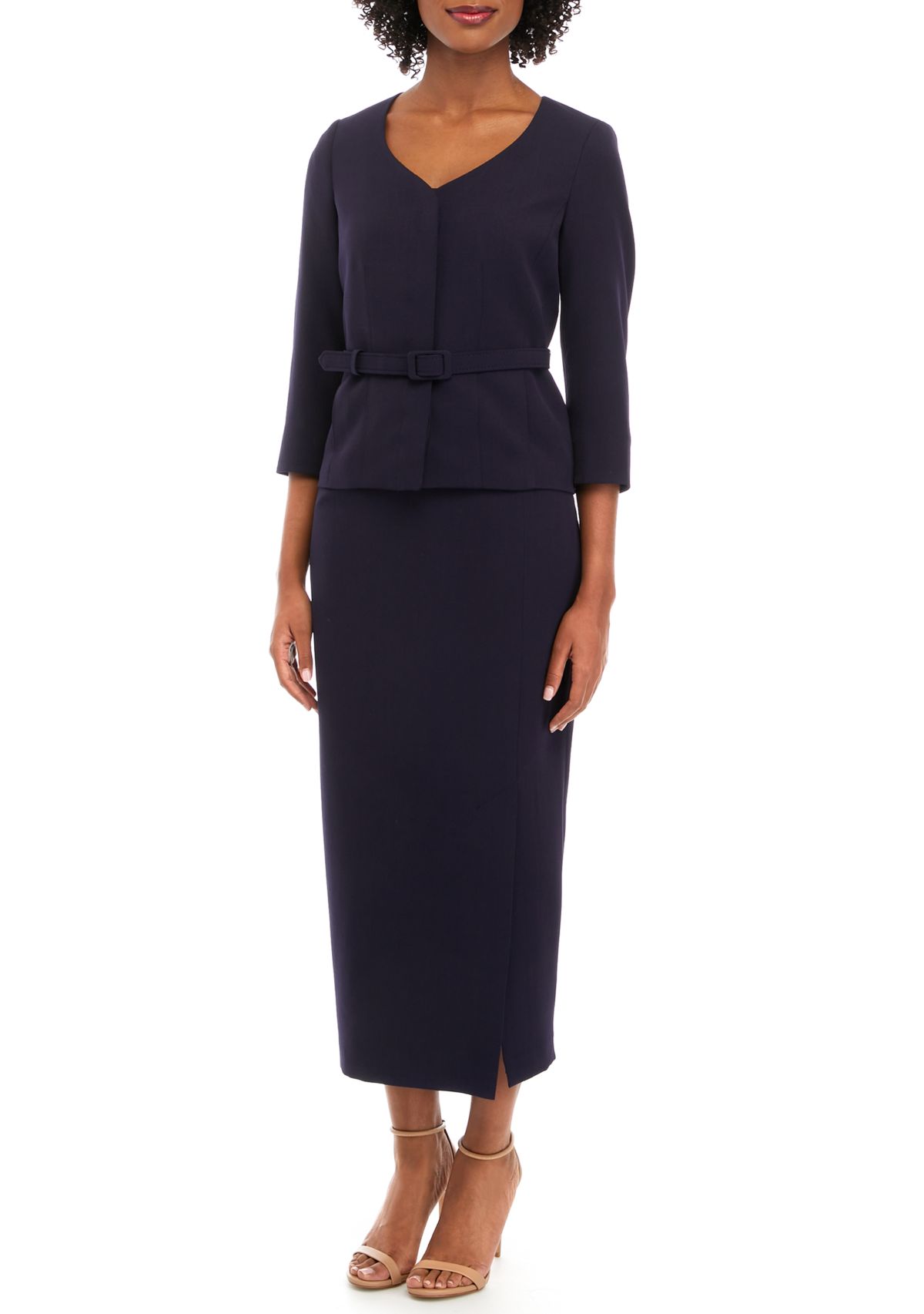 Le Suit CREPE COLLARLESS BELTED JACKET AND COLUMN SKIRT | Belk