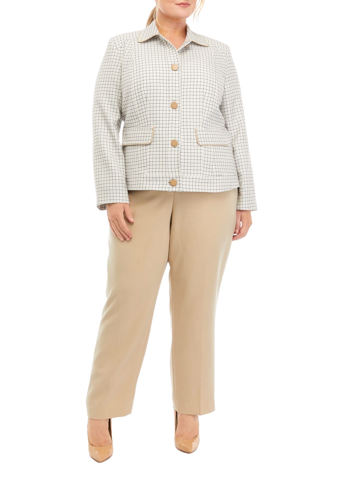 Womens Plus Size Plaid Five Button Jacket and Slim Pant Set