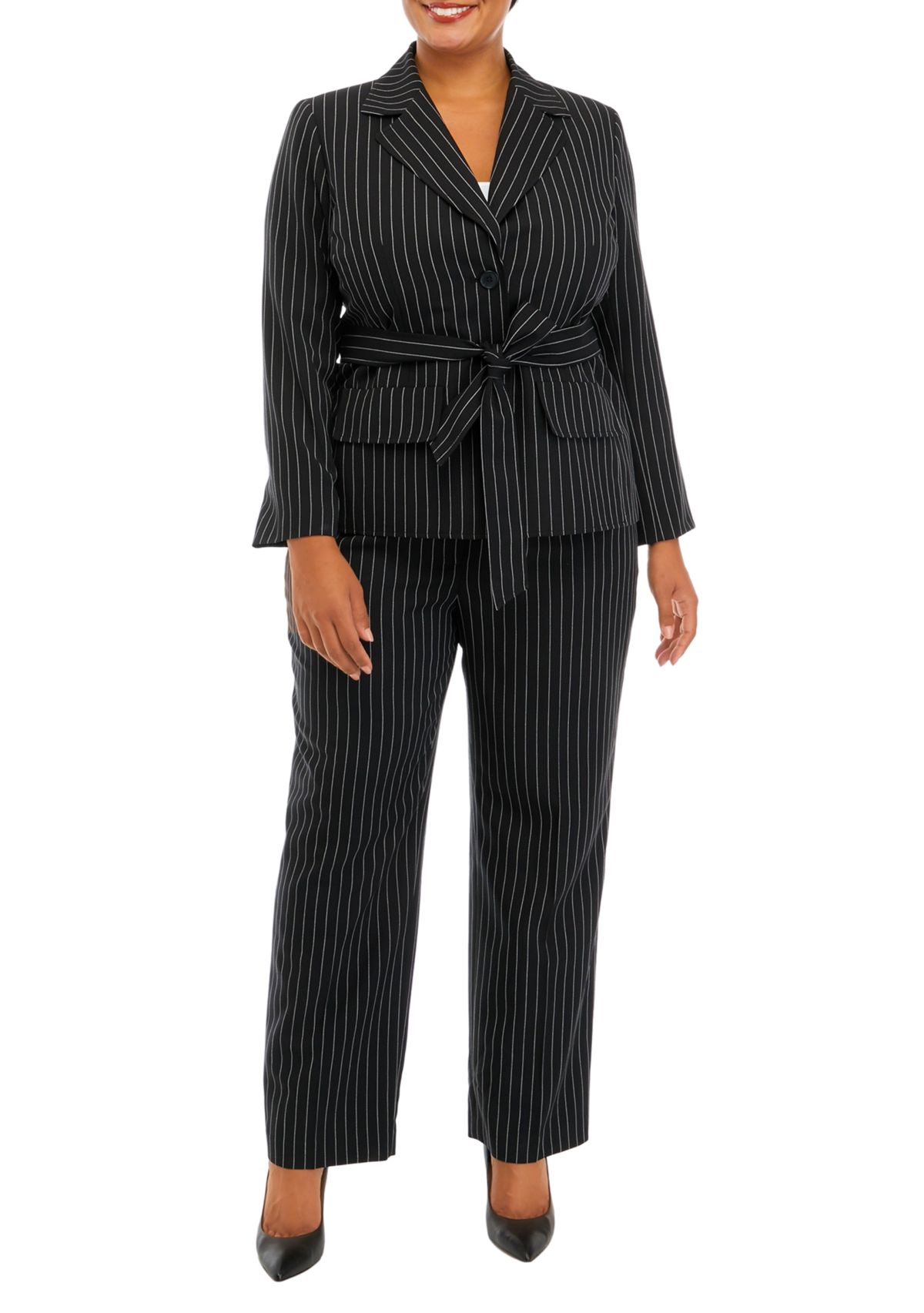 Womens Plus Size Pinstripe Two Button Belted Jacket and Pant Set