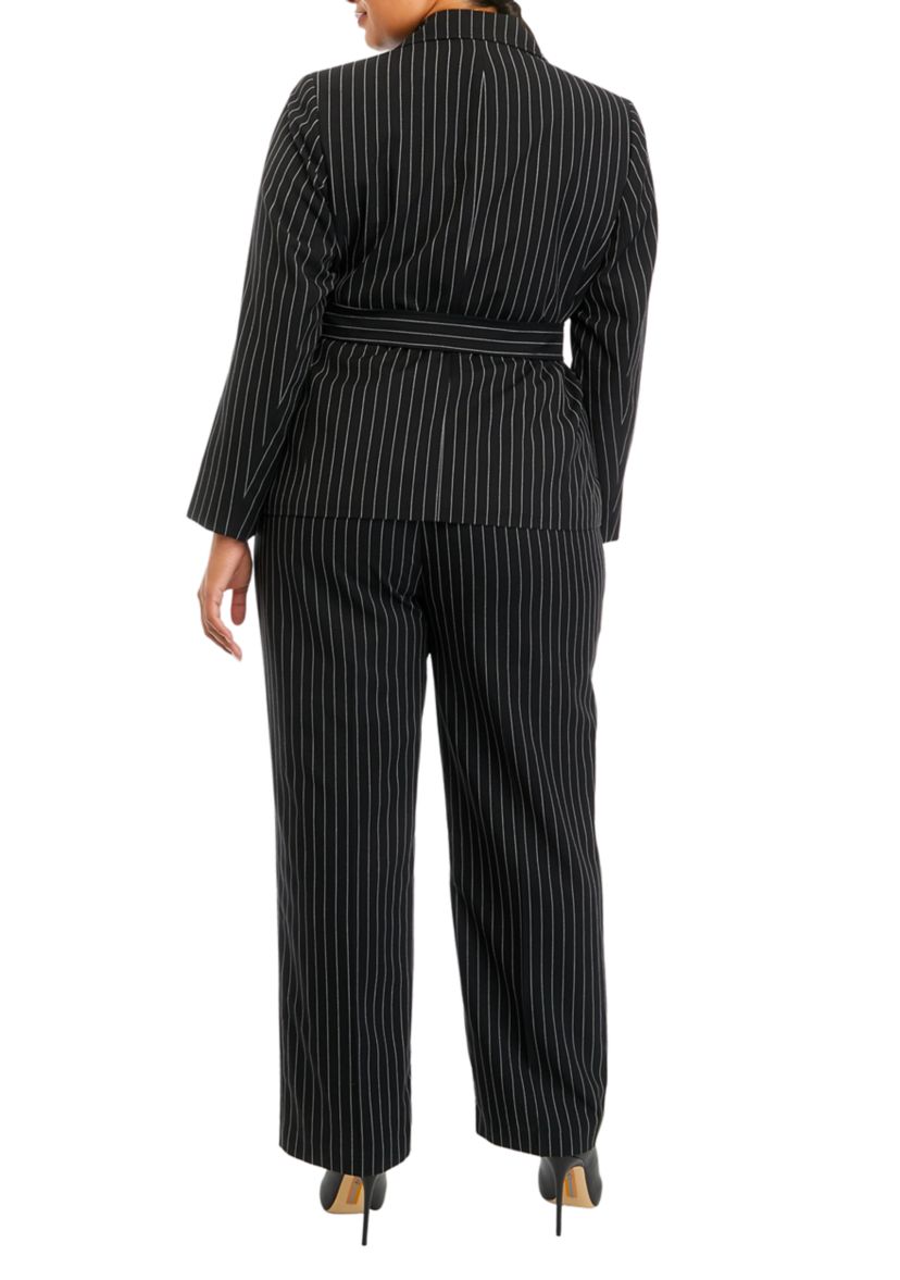Womens Plus Size Pinstripe Two Button Belted Jacket and Pant Set