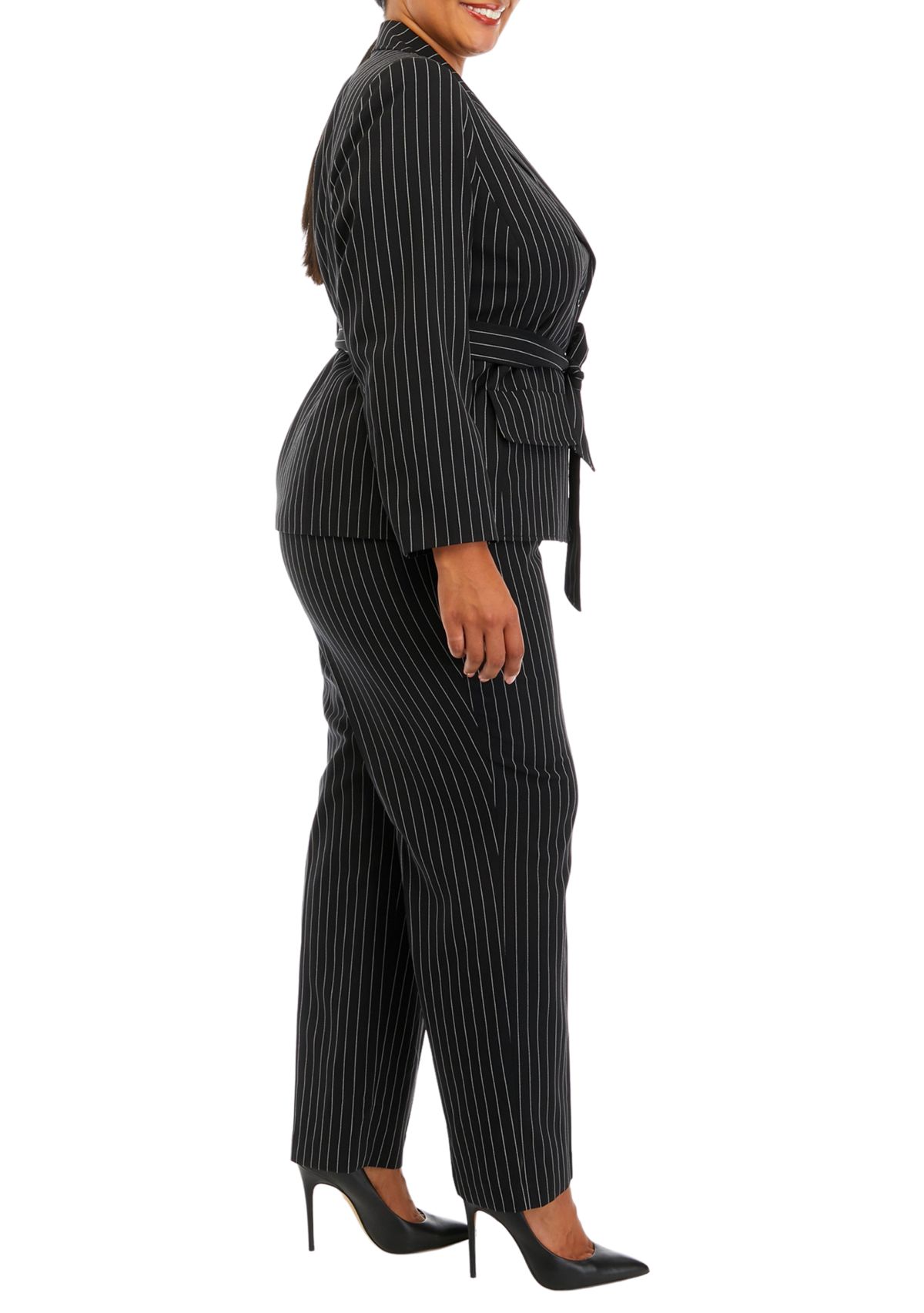 Womens Plus Size Pinstripe Two Button Belted Jacket and Pant Set