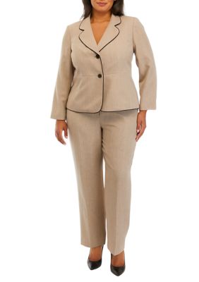 Le Suit Women's Plus Size Twill Two Button Framed Jacket And Pant Set