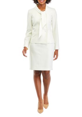 Le Suit Women's Shawl Tied Collar Three Button Jacket and Skirt Set, Ivory, 14