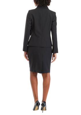 Women's Petite Shawl Tied Collar Three Button Jacket and Skirt Set