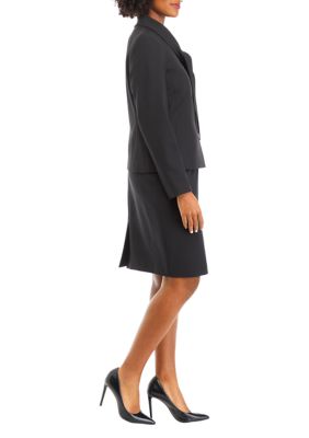 Women's Petite Shawl Tied Collar Three Button Jacket and Skirt Set