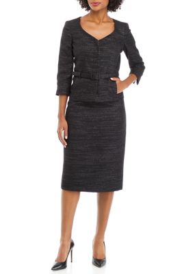 Le Suit Women's Belted Soft V-Neck Jacket With Hidden Placet and Column Skirt With Slit Set, Black, 16