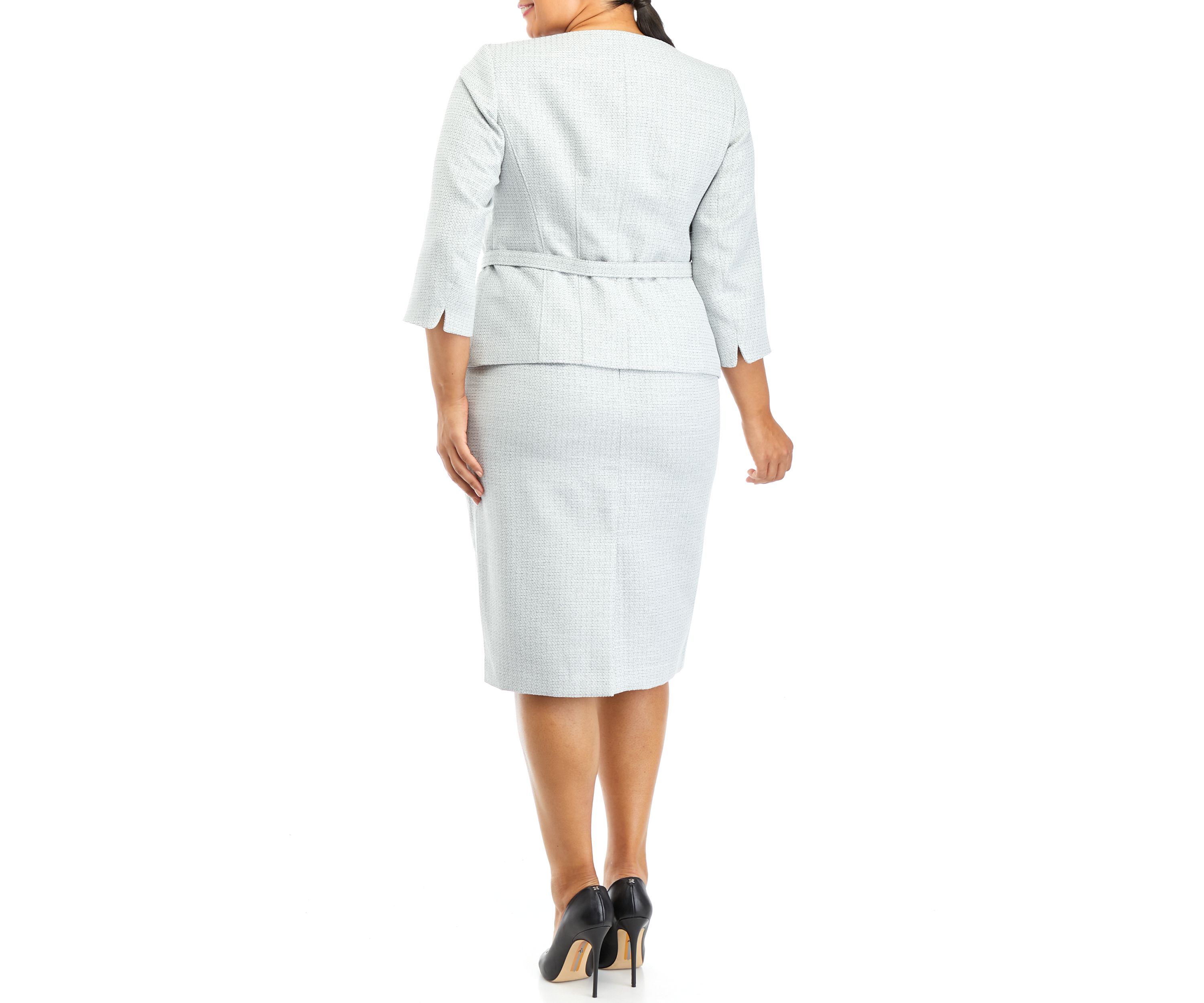 Womens Plus Size Belted Soft V-Neck Jacket With Hidden Placet and Column Skirt With Slit Set