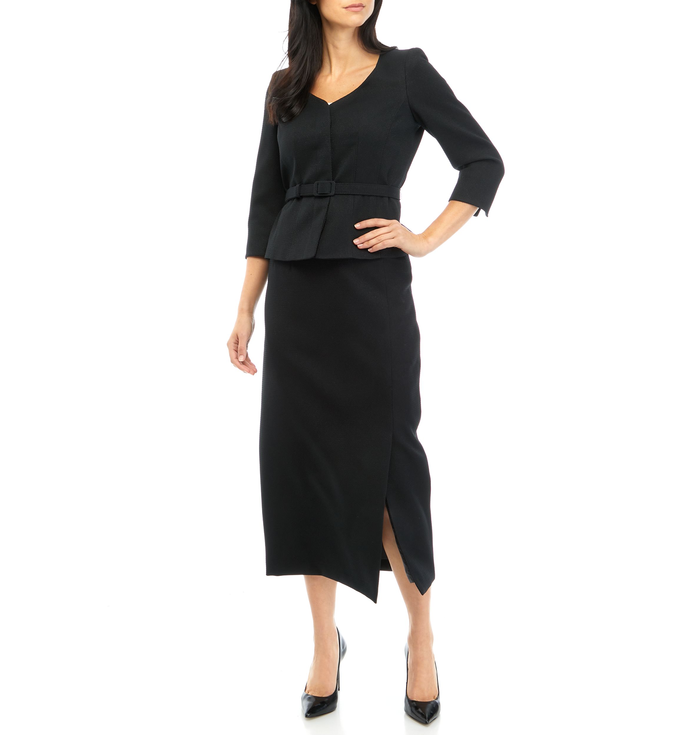 Womens Belted V-Neck Jacket with Hidden Placket and Column Skirt Set