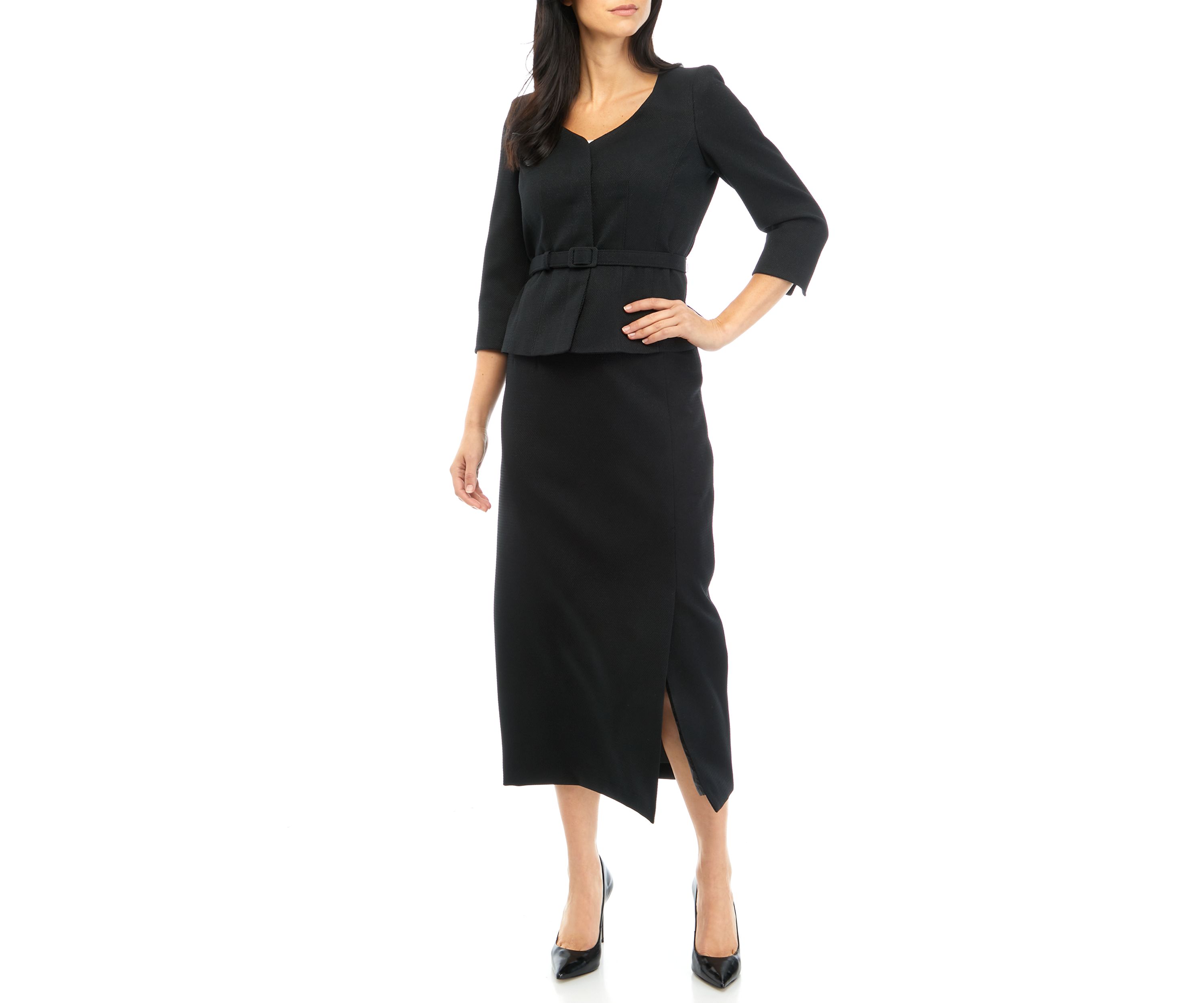 Womens Belted V-Neck Jacket with Hidden Placket and Column Skirt Set