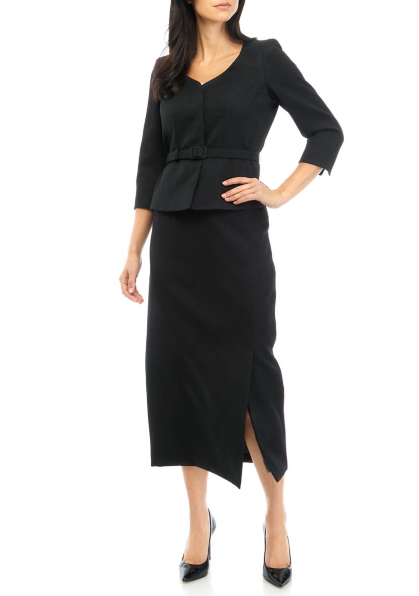 Womens Belted V-Neck Jacket with Hidden Placket and Column Skirt Set