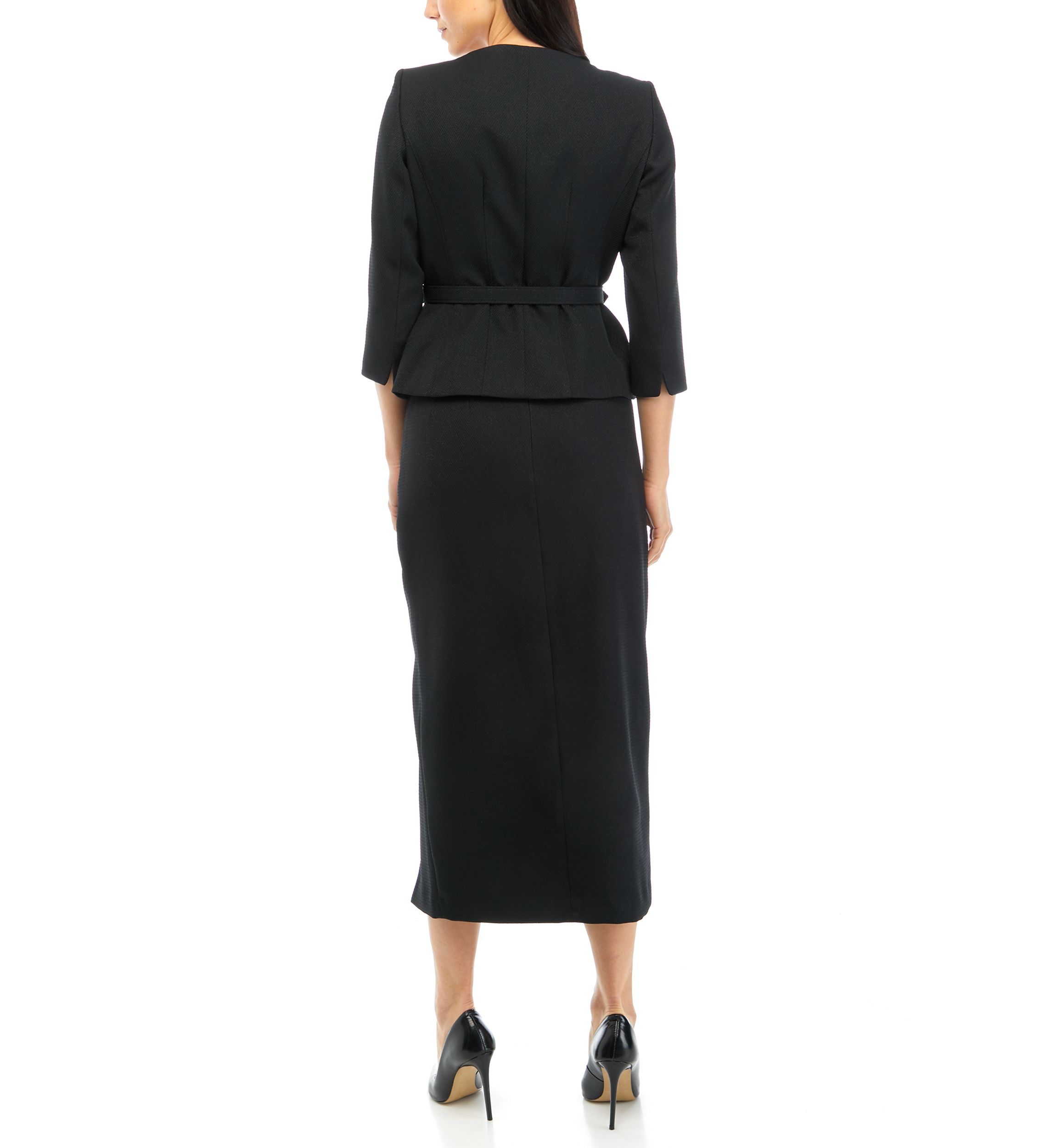 Womens Belted V-Neck Jacket with Hidden Placket and Column Skirt Set