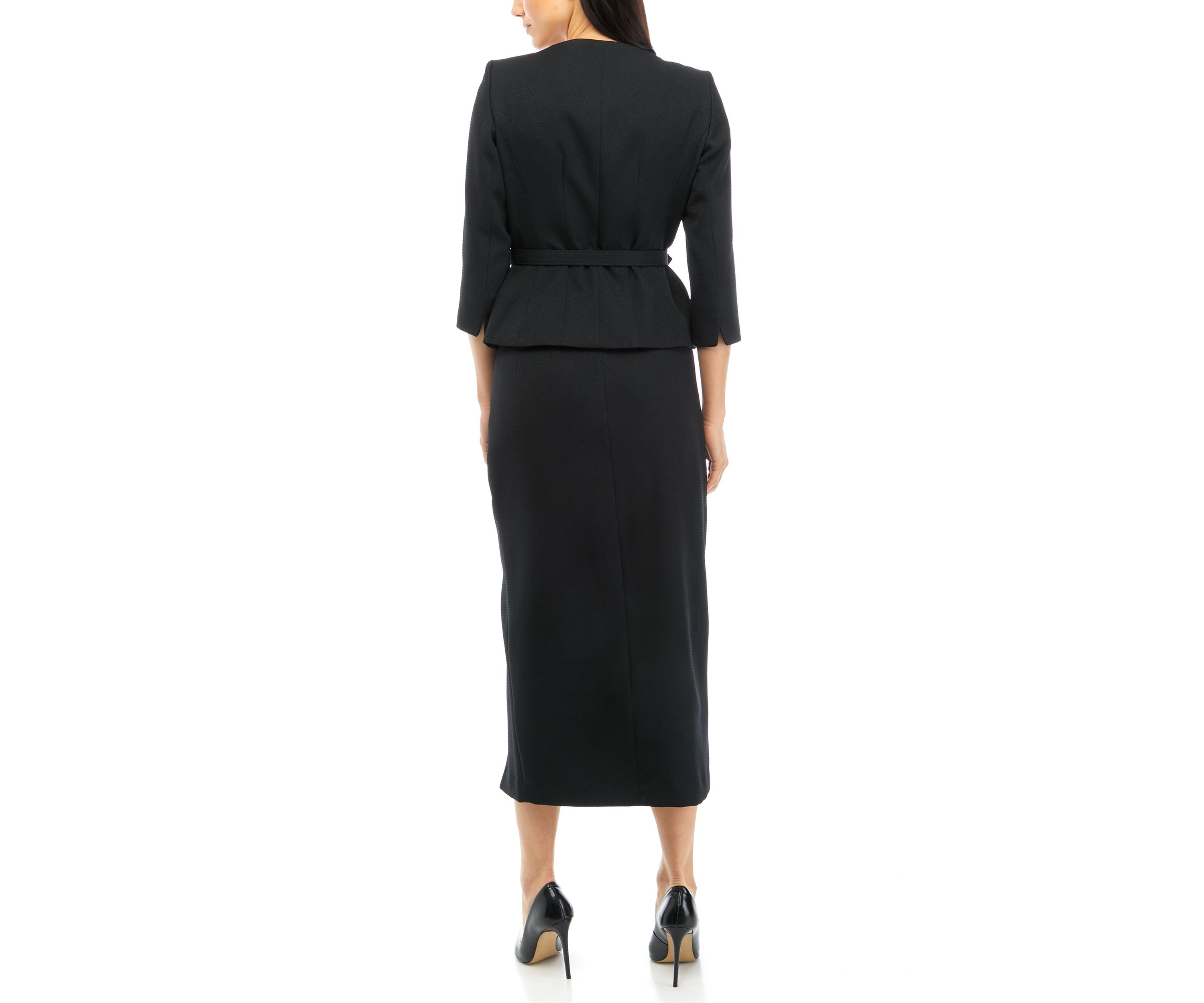 Womens Belted V-Neck Jacket with Hidden Placket and Column Skirt Set