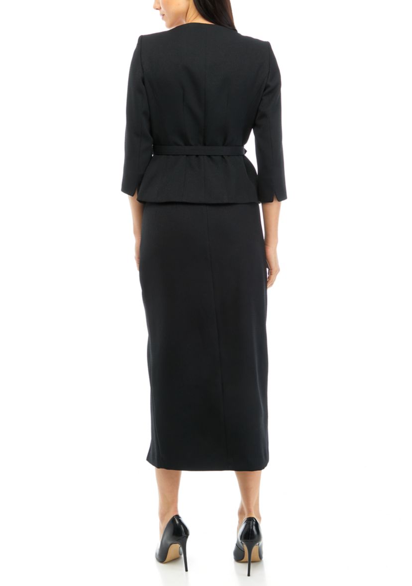 Womens Belted V-Neck Jacket with Hidden Placket and Column Skirt Set
