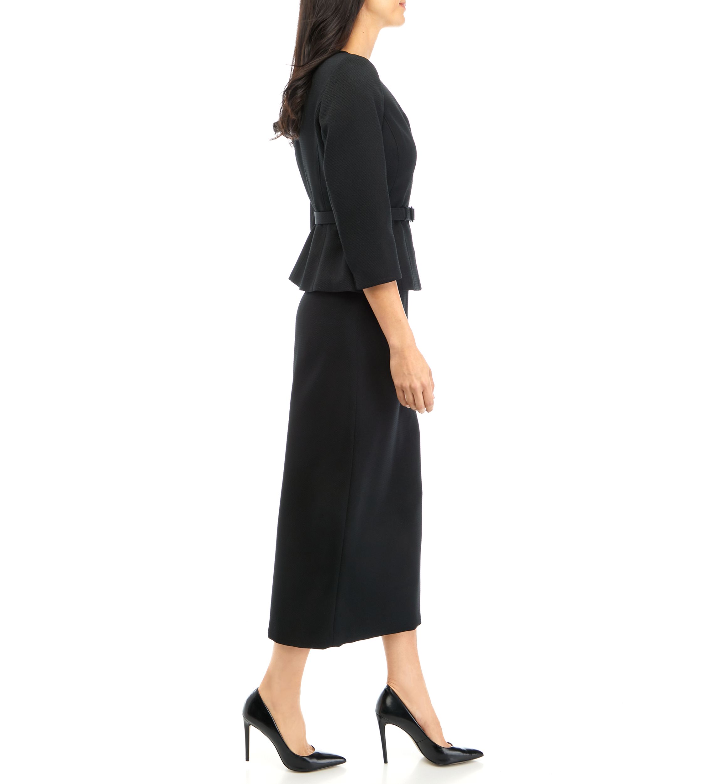 Womens Belted V-Neck Jacket with Hidden Placket and Column Skirt Set