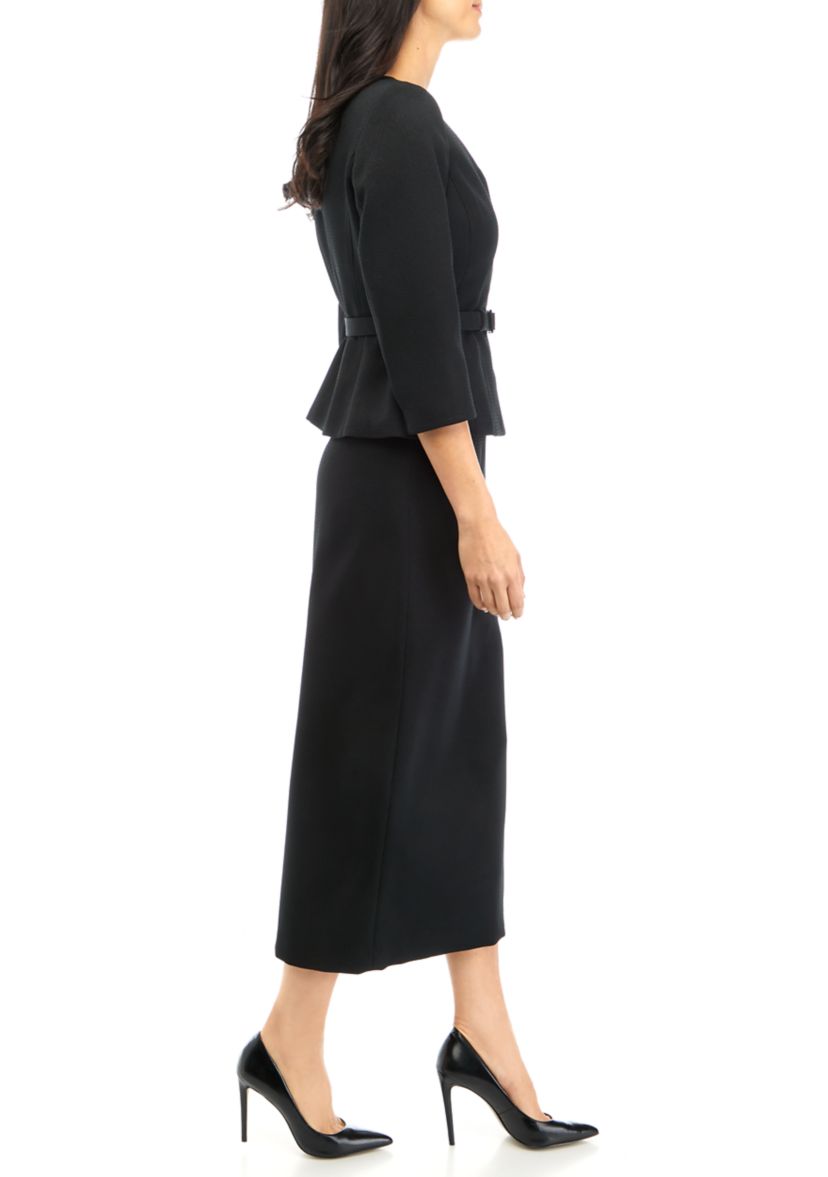 Womens Belted V-Neck Jacket with Hidden Placket and Column Skirt Set
