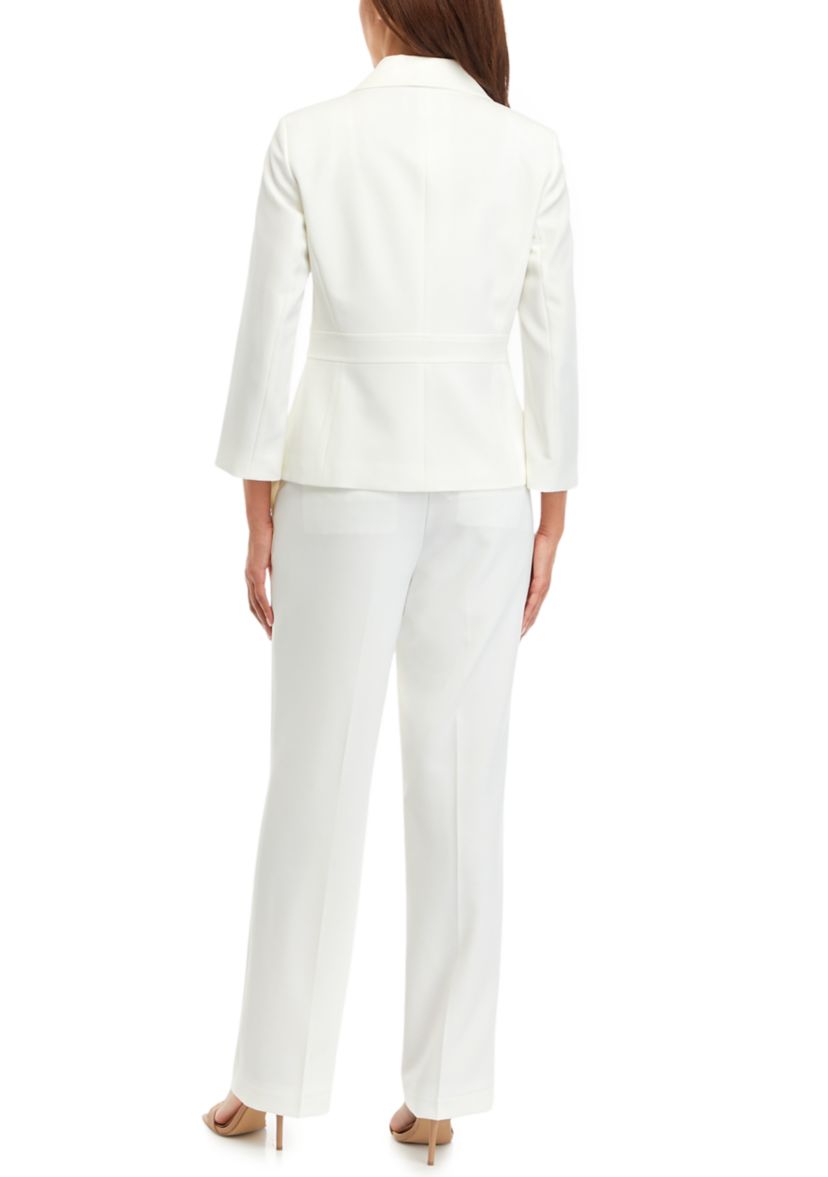 2 BUTTON NOTCH COLLAR INSET WAIST SEAMED JKT W/ 3/4 SLV AND FLY FRONT EXTEND TAB TROUSER
