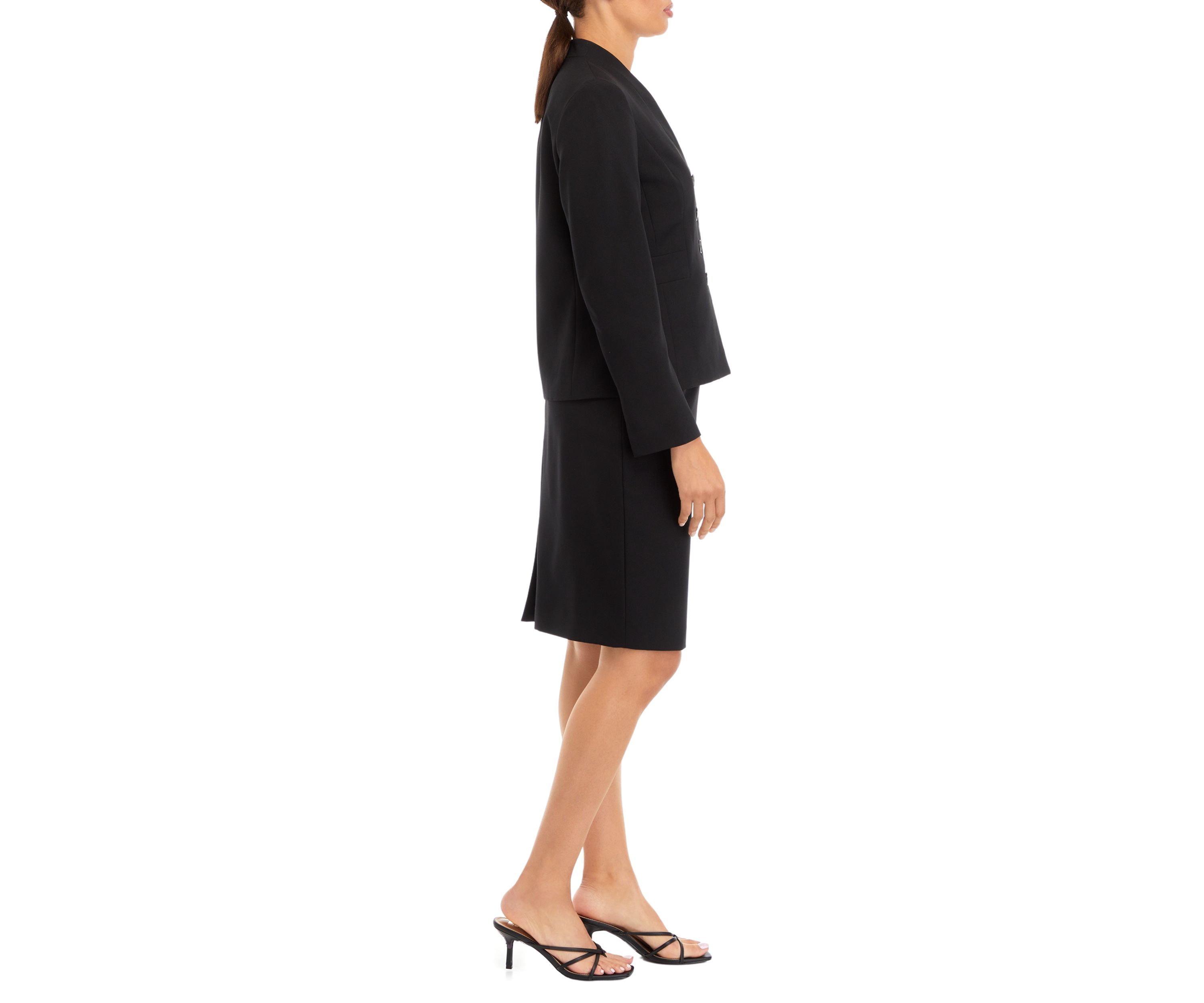 FOUR BUTTON COLLARLESS JACKET AND SLIM SKIRT